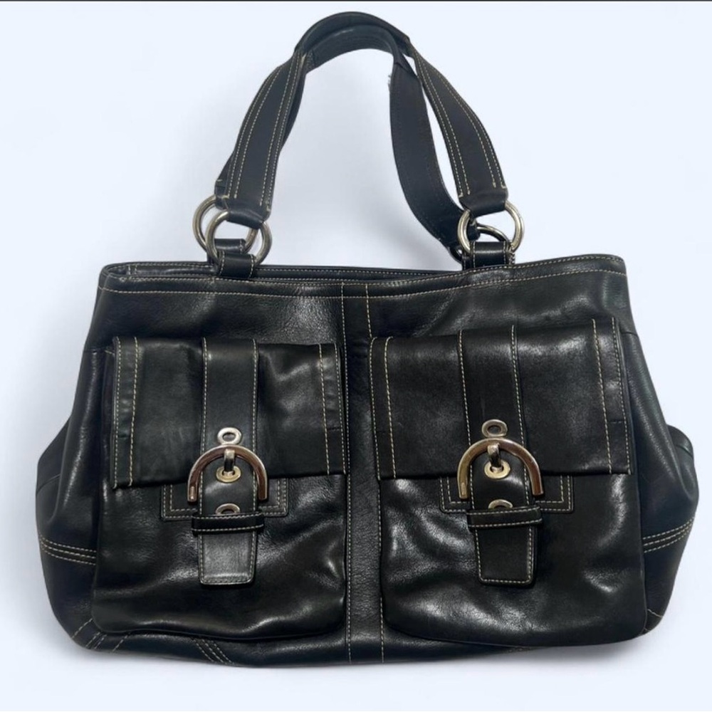 Coach Black Leather Shoulder Bag with Front Buckle Pockets